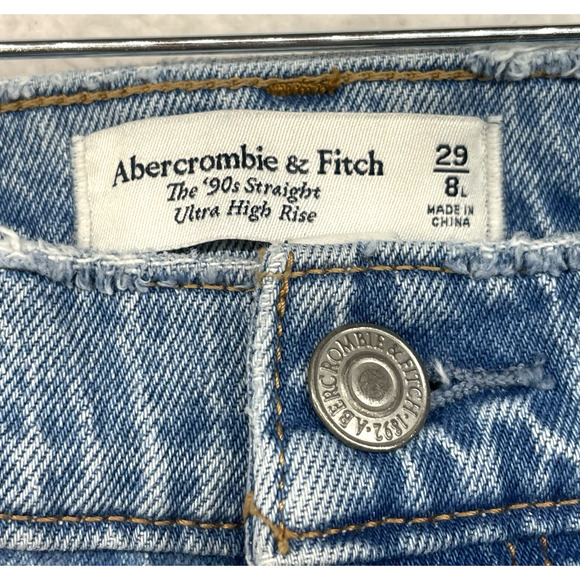 Abercrombie Fitch Jeans Womens 8 Long Blue 90s Straight Ultra High Rise Thrashed - Picture 8 of 13